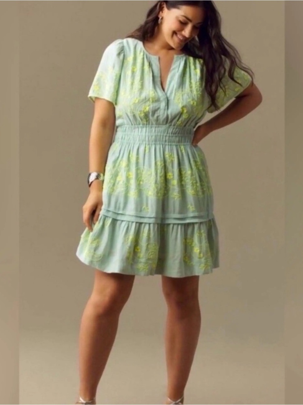 Anthropologie Mint Green Floral Embroidered Mini Dress
